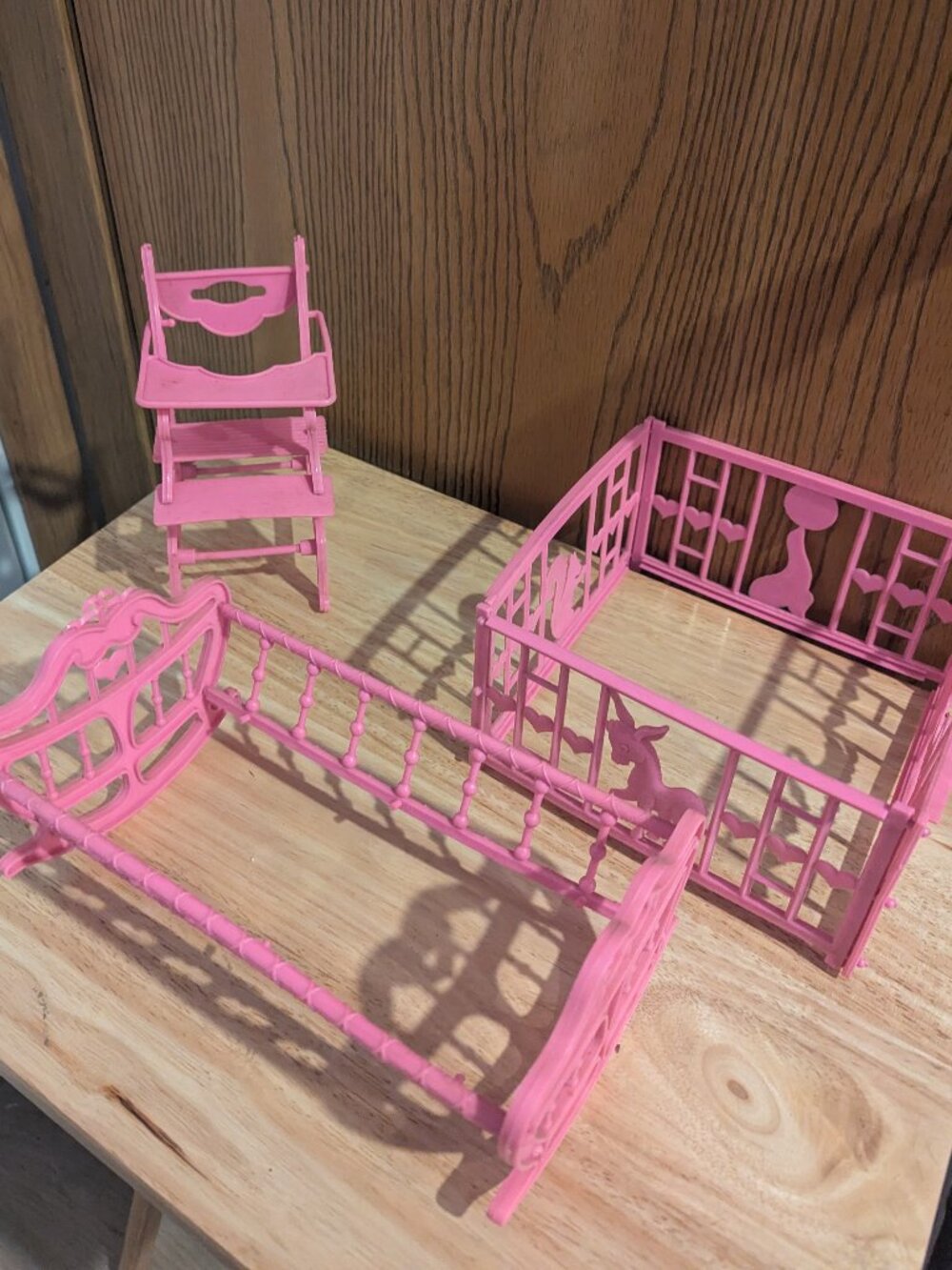 VTG Nursery Doll Furniture Crib Playpen High Chair Pink Plastic Nostalgia
